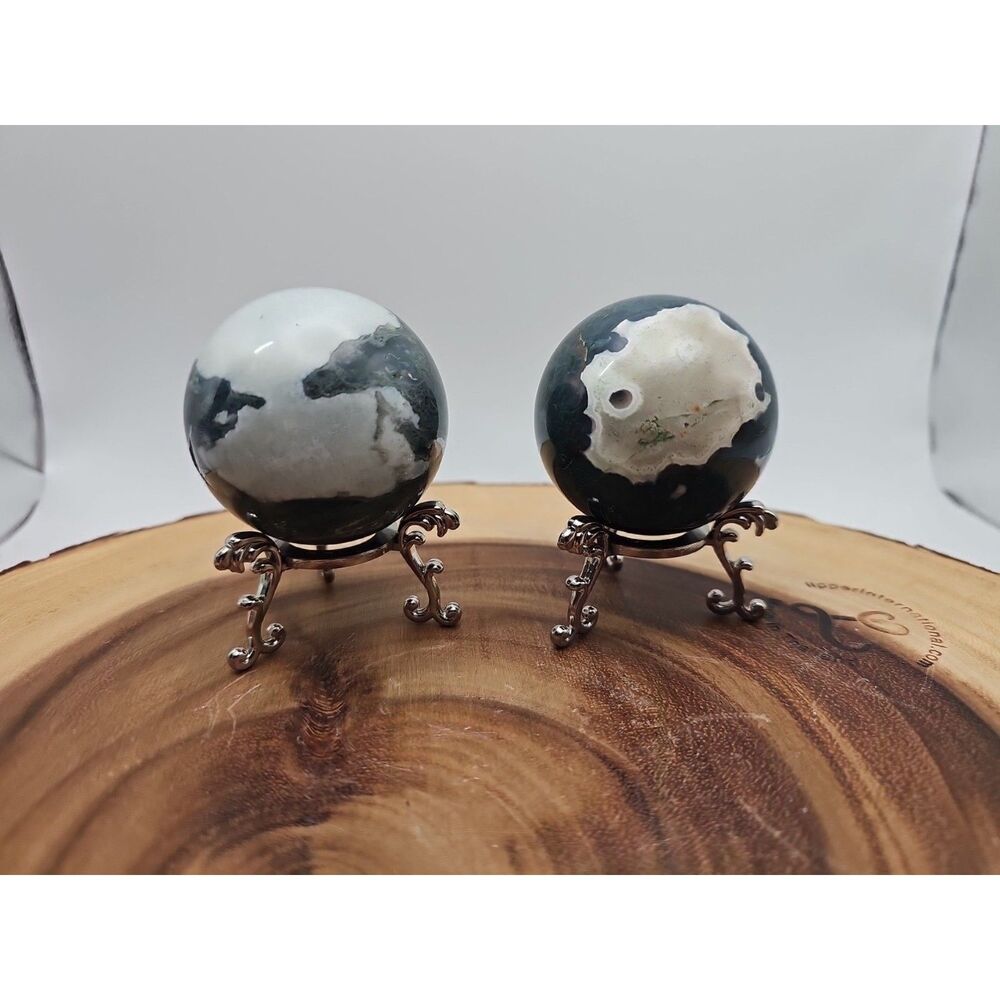 1 Pair Moss Tree Agate Sphere W/Stand 52mm .93lb - CrystalCloud Company - 1 Pair